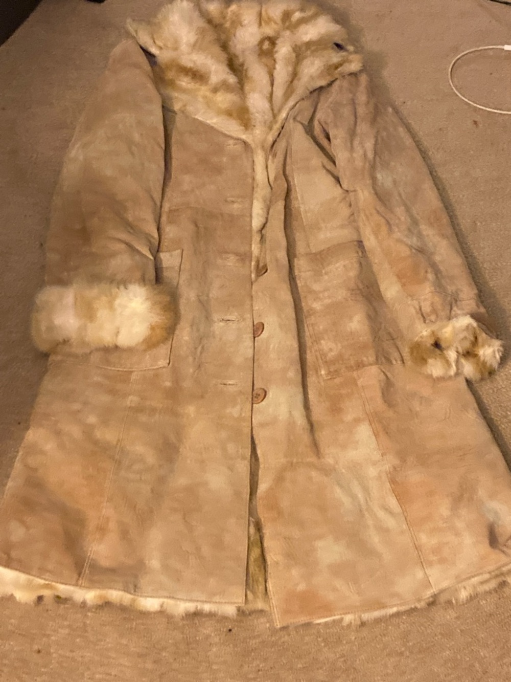 Vintage Beige Shearling Long Coat with Fur Trim